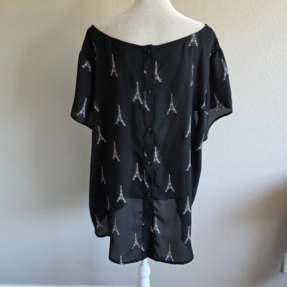TORRID Blouse Top Paris Eiffel Tower Black Sparkle Sheer Chiffon Plus Size 2 2X - Picture 4 of 8